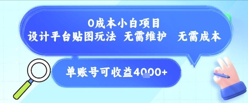 0成本小白项目，设计平台贴图玩法，无需维护，无需成本，单账号单月可产生收益4k+-优优云网创