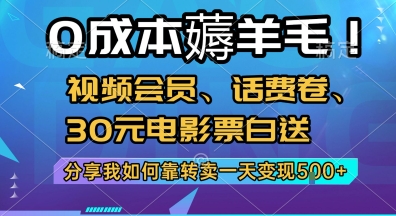 0成本薅羊毛!视频会员、话费卷、30元电影票白送,分享我如何靠转卖一天变现5张+【揭秘】-优优云网创