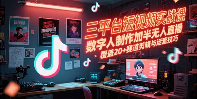 三平台短视频实战课,数字人制作加半无人直播,覆盖20+赛道剪辑与运营技巧-优优云网创